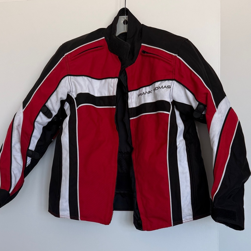 Moto kit: Frank Thomas Motorcycle Jacket, knee/shin guards, gloves, & mirror